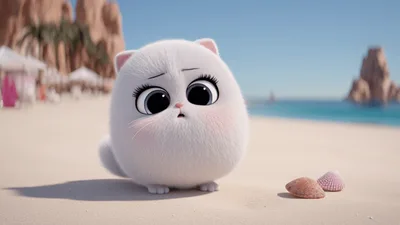 Cute Fluffy White Kitten Expressing Emotions On Beach