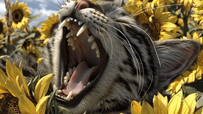 Tabby Cat Yawning Amidst A Field Of Sunflowers