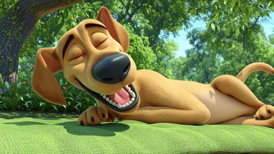 Happy Cartoon Dog Resting On A Green Lawn