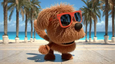 Cute Animated Brown Puppy Wearing Sunglasses On Beach