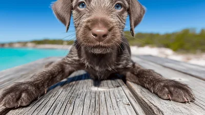 Cute Puppy With Blue Eyes Sitting On Wooden Dock