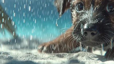 Cute Puppy Sitting On Sandy Beach During Rainstorm