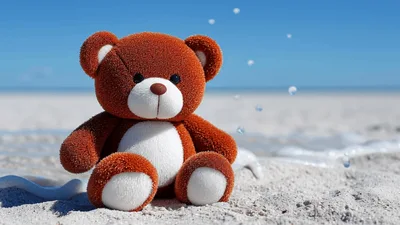 Brown Teddy Bear Sitting on Sandy Beach Shoreline