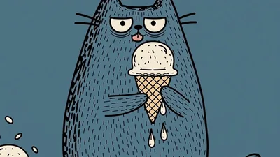 Animated Illustration Of A Grumpy Cat Eating Ice Cream