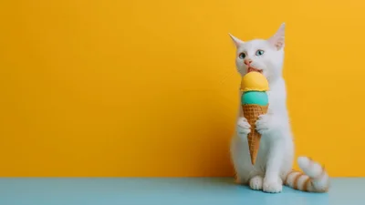 White Cat Holding And Licking A Colorful Ice Cream Cone