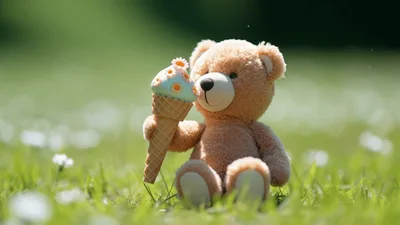 Teddy Bear Eating Ice Cream In A Sunny Meadow