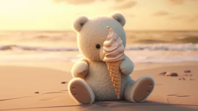 Cute White Teddy Bear Eating Ice Cream On Beach