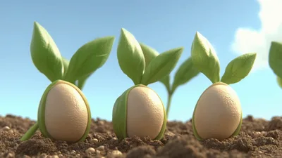 Three Seeds Sprouting Into Green Seedlings In Soil