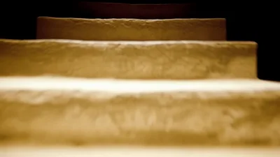 Cinematic Low Angle View Ascending Stone Staircase