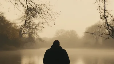 Man Standing Alone In A Misty Lake