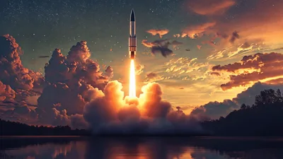 Rocket Launching Into Space Over A Calm Lake