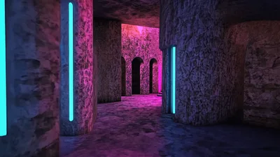 Cinematic Camera Movement Through A Neon Lit Stone Hallway