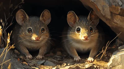Two Cute Mice Peering Out From A Dark Burrow