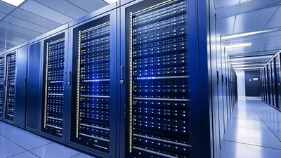 Modern Data Center Server Room With Glowing Blue Lights