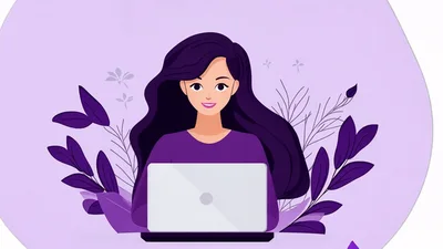 Animated Woman Working On Laptop In Purple Setting