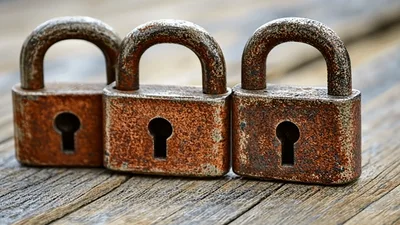 Three Rusted Padlocks Sitting On A Wooden Surface