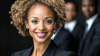 Professional Businesswoman Smiling With Team In Background