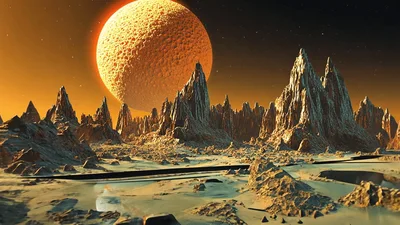 Cinematic Alien Landscape With Large Glowing Planet