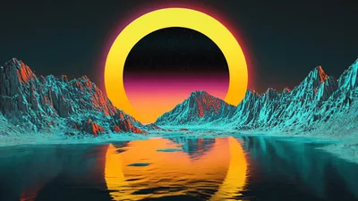 Surreal Alien Landscape With Glowing Sun And Rippling Water