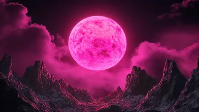Pink Full Moon Rising Over Jagged Mountain Landscape