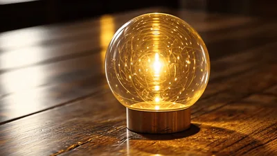 Glowing Glass Sphere Lamp On Wooden Table