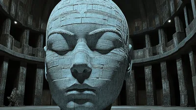 Giant Stone Head Sculpture In Dark Circular Chamber