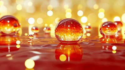 Transparent Spheres Floating On Rippling Red Liquid Surface
