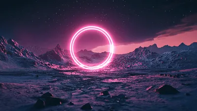 Glowing Neon Ring Floating Above Alien Rocky Landscape