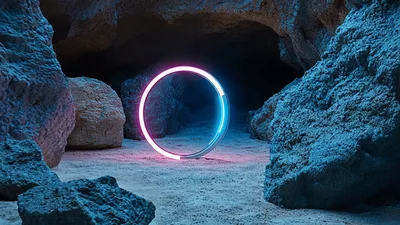 Glowing Neon Ring Rotating In A Dark Rocky Cave
