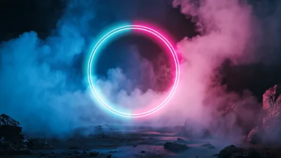 Glowing Neon Circle Floating Above Rocky Landscape