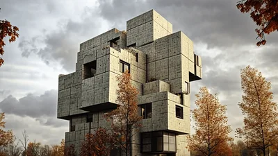 Modern Brutalist Cube Apartment Building Exterior Zoom In