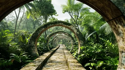 Cinematic Camera Movement Through Ancient Stone Archway Path