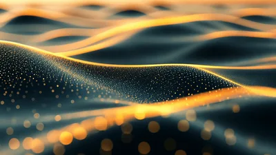 Abstract Digital Waves With Glowing Golden Particles
