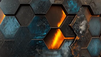 Abstract Hexagonal Metal Tiles Shifting With Glowing Fire