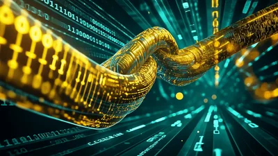 Golden Digital Chain Floating Through Cyber Data Stream