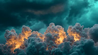 Glowing Storm Clouds Moving Across Dark Teal Sky