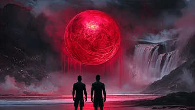 Two Men Standing Before A Glowing Red Celestial Sphere