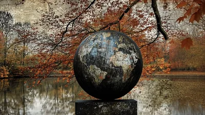 Rotating Metal Globe Sculpture In Autumn Park Setting