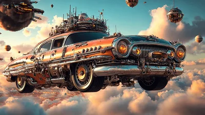 Retro Futuristic Flying Car Soaring Above Clouds