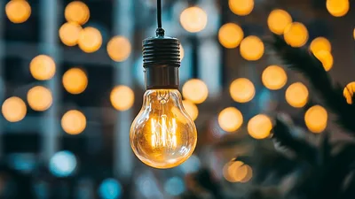 Glowing Edison Light Bulb Hanging Against Blurred Bokeh Background