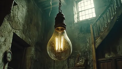 Vintage Edison Light Bulb Hanging In Dark Room