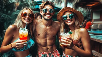 Three Friends Smiling And Holding Cocktails At Beach Bar