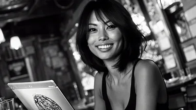 Smiling Asian Woman Sitting At A Bar Counter