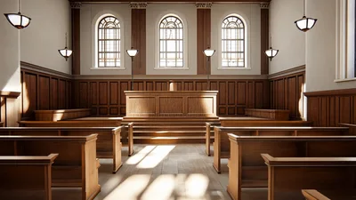 Empty Courtroom Interior With Wooden Benches And Podium