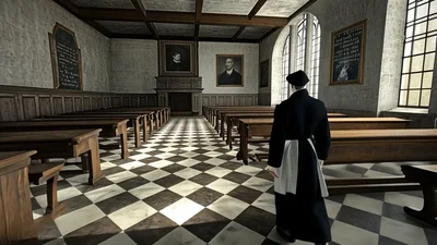 Monk Walking Through A Historic Stone Classroom