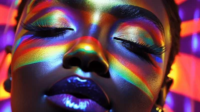 Close Up Portrait Of Woman With Rainbow Light Projection