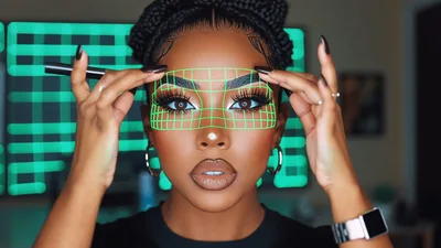 Woman Applying Makeup With Digital Augmented Reality Grid Overlay
