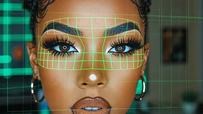 Futuristic Digital Facial Recognition Scan On Woman