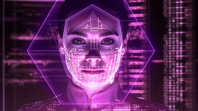 Futuristic AI Female Face With Digital Facial Recognition Overlay