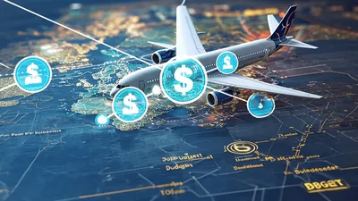 Airplane Flying Over Digital World Map With Financial Icons